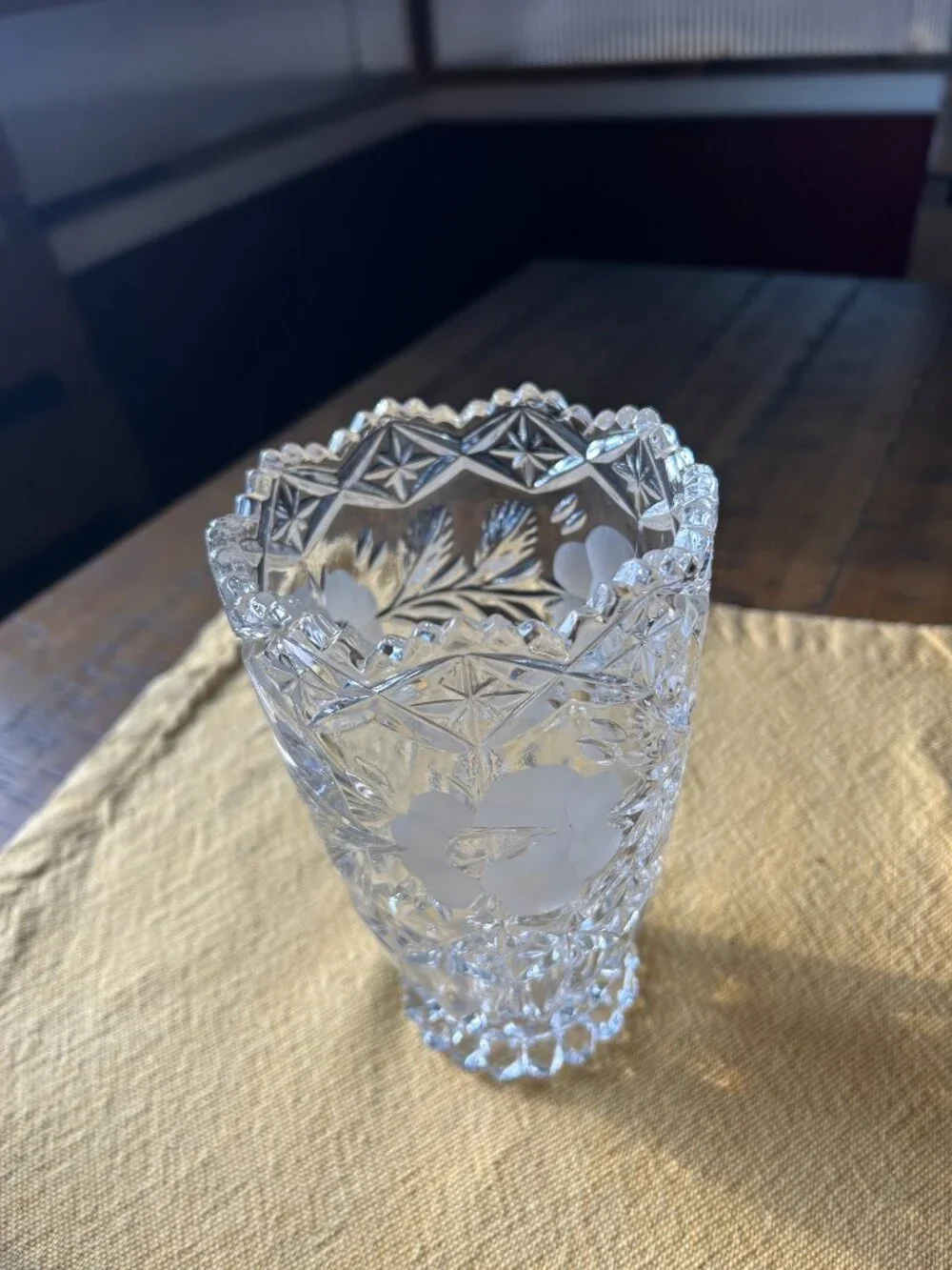 Vintage  Cut & etched full lead crystal  vase featuring sawtooth rim & frosted f